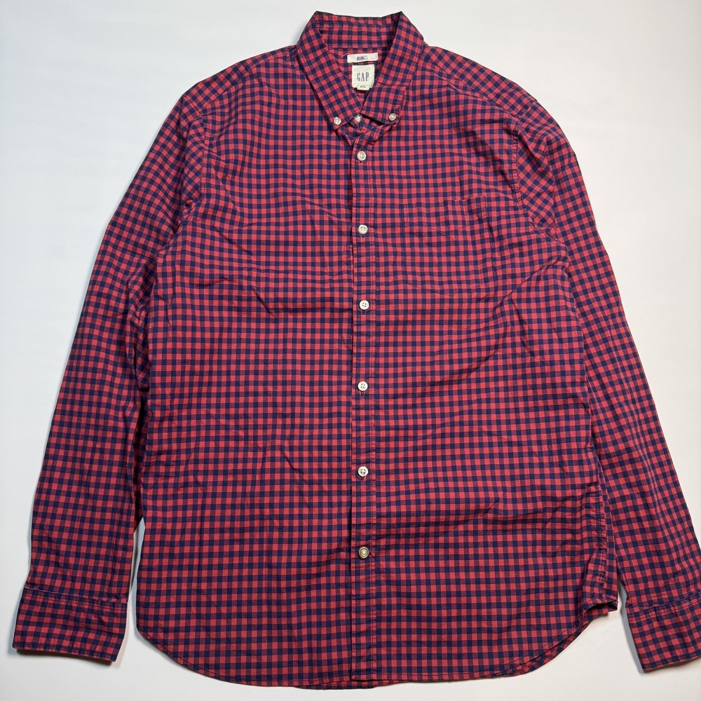 Gap Mens Large Red Plaid Check Slim Fit Stretch Button Down Shirt